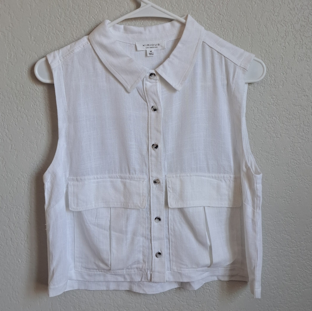 White Linen Blend Button Front Classic Sleeveless Shirt With Pockets Size Medium